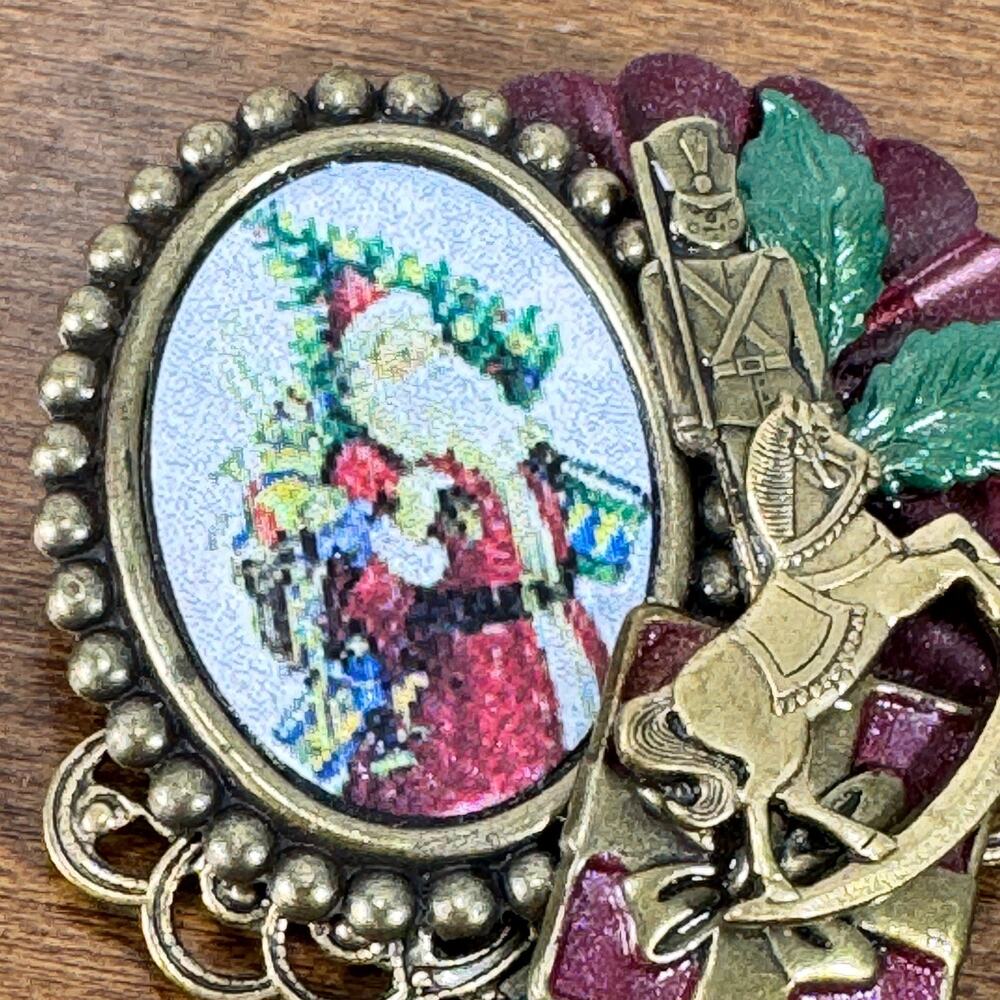 Vintage Christmas Brooch Collage Santa Soldier Rocking Horse 2"